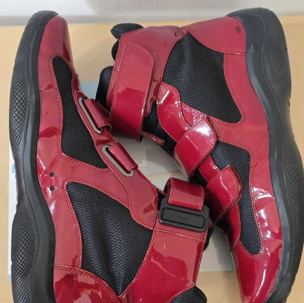 Prada Red and Black High-Top Sneakers with Velcro Straps - Picture 4 of 8